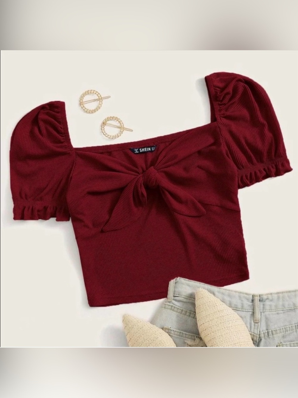Shein ribbed crop top with puff sleeves. XS